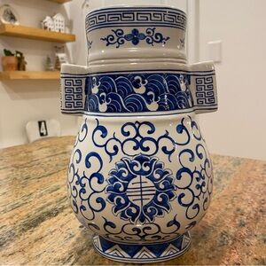 Vintage Blue and White Floral Porcelain Vase with Handles